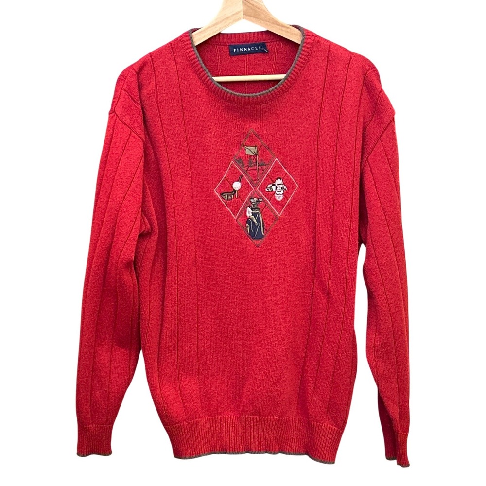 90s Pinnacle Golf Sweater Grandpacore Golfcore Red Ribbed Knit Embroidered Crew